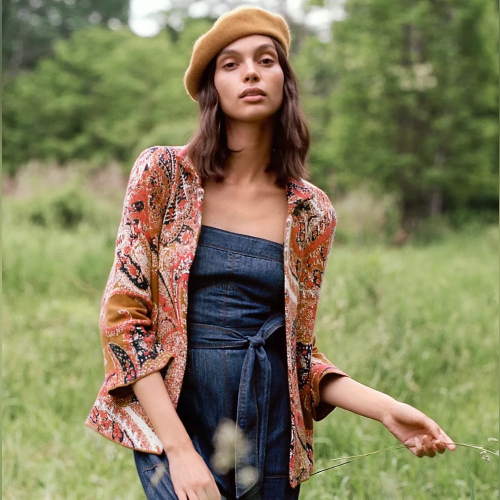 Anthropologie MOTH Paisley Intarsia Blazer XS New Lovely Fall Color Short Blazer